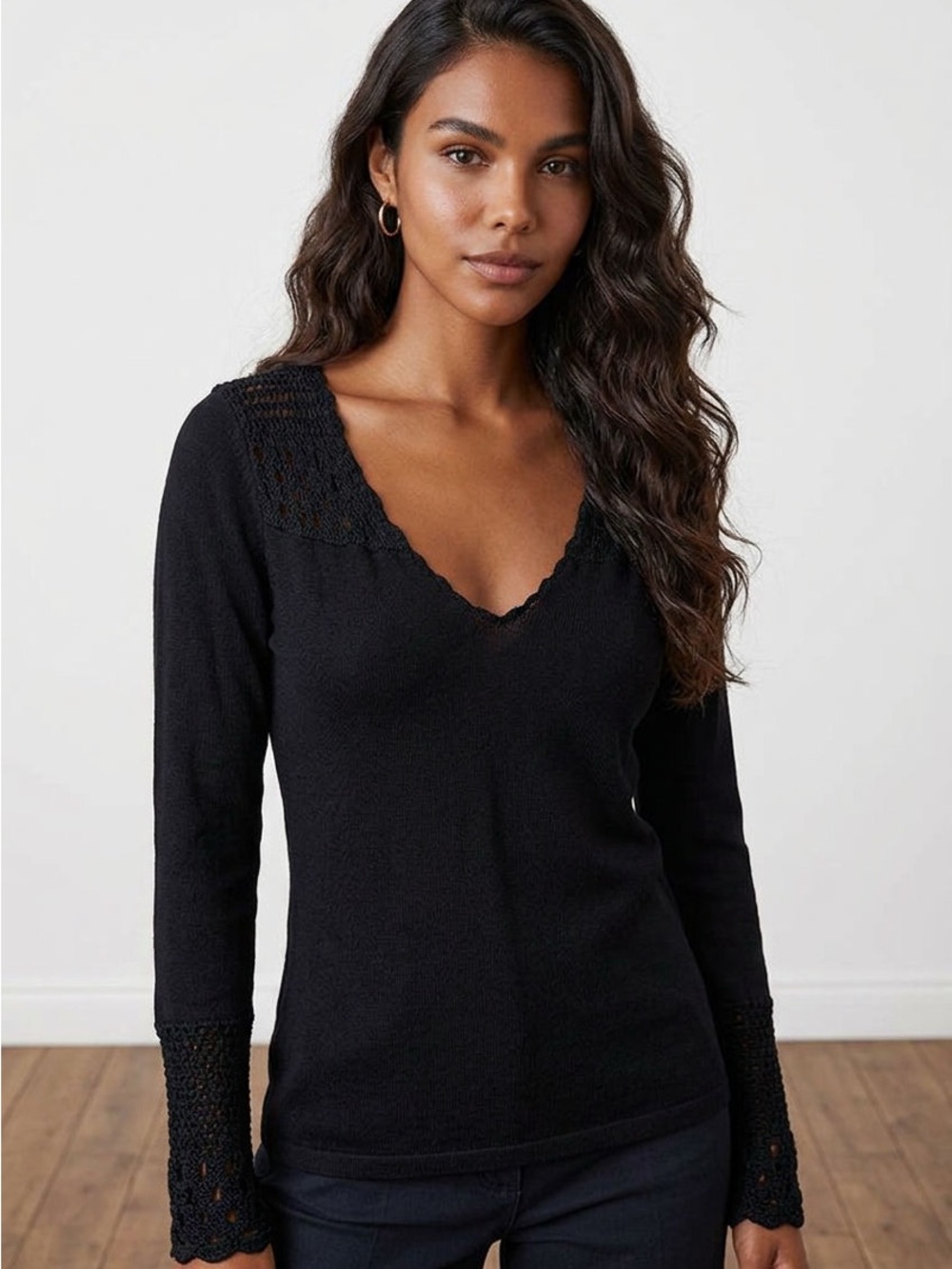 PattyBoutik Black Long Sleeve Knit Top with Crochet Trim